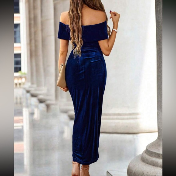 Luxe off shoulder wrap party prom wedding gown velvet dress - Picture 3 of 10